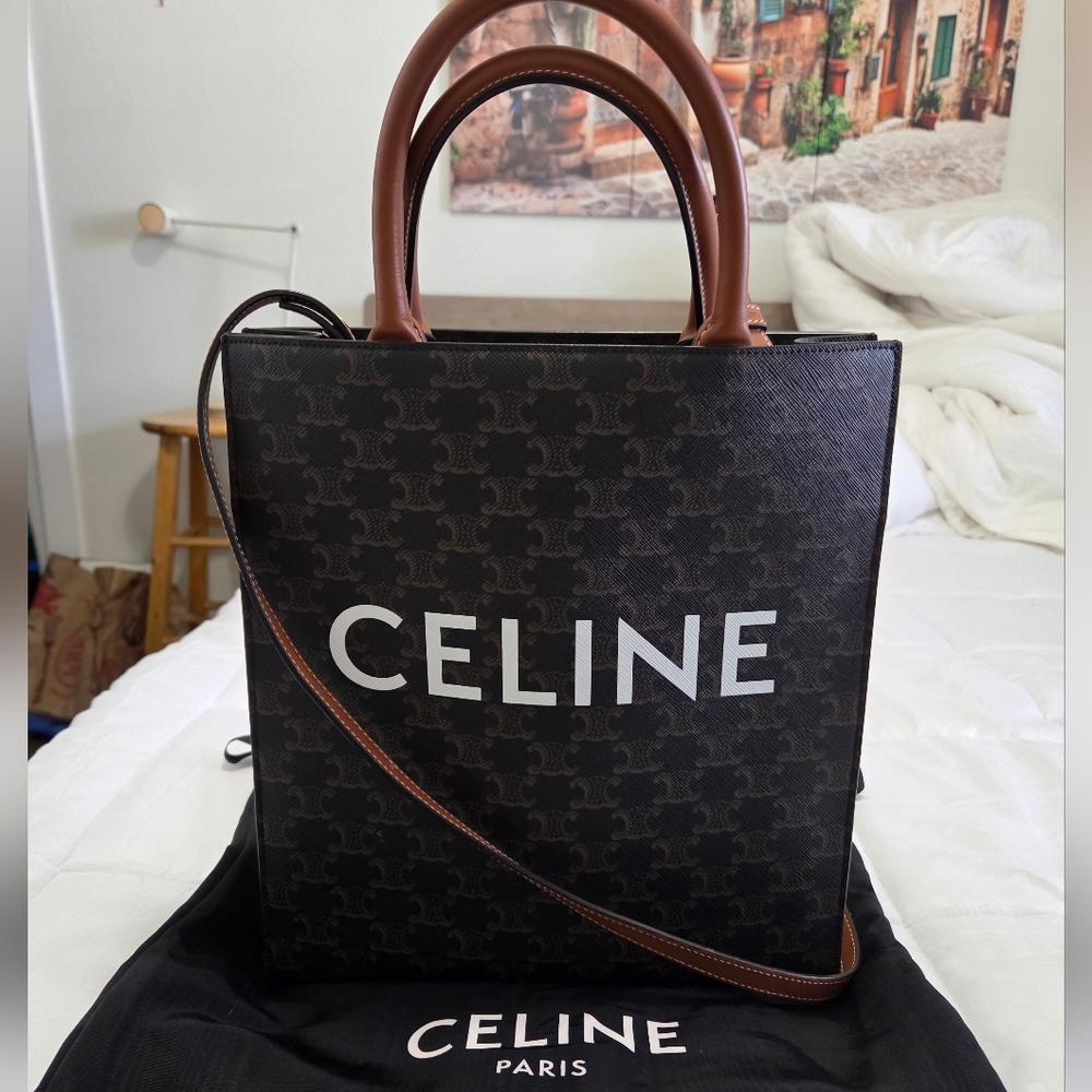 Celine Triomphe Canvas Calfskin Small Vertical Cabas Tan